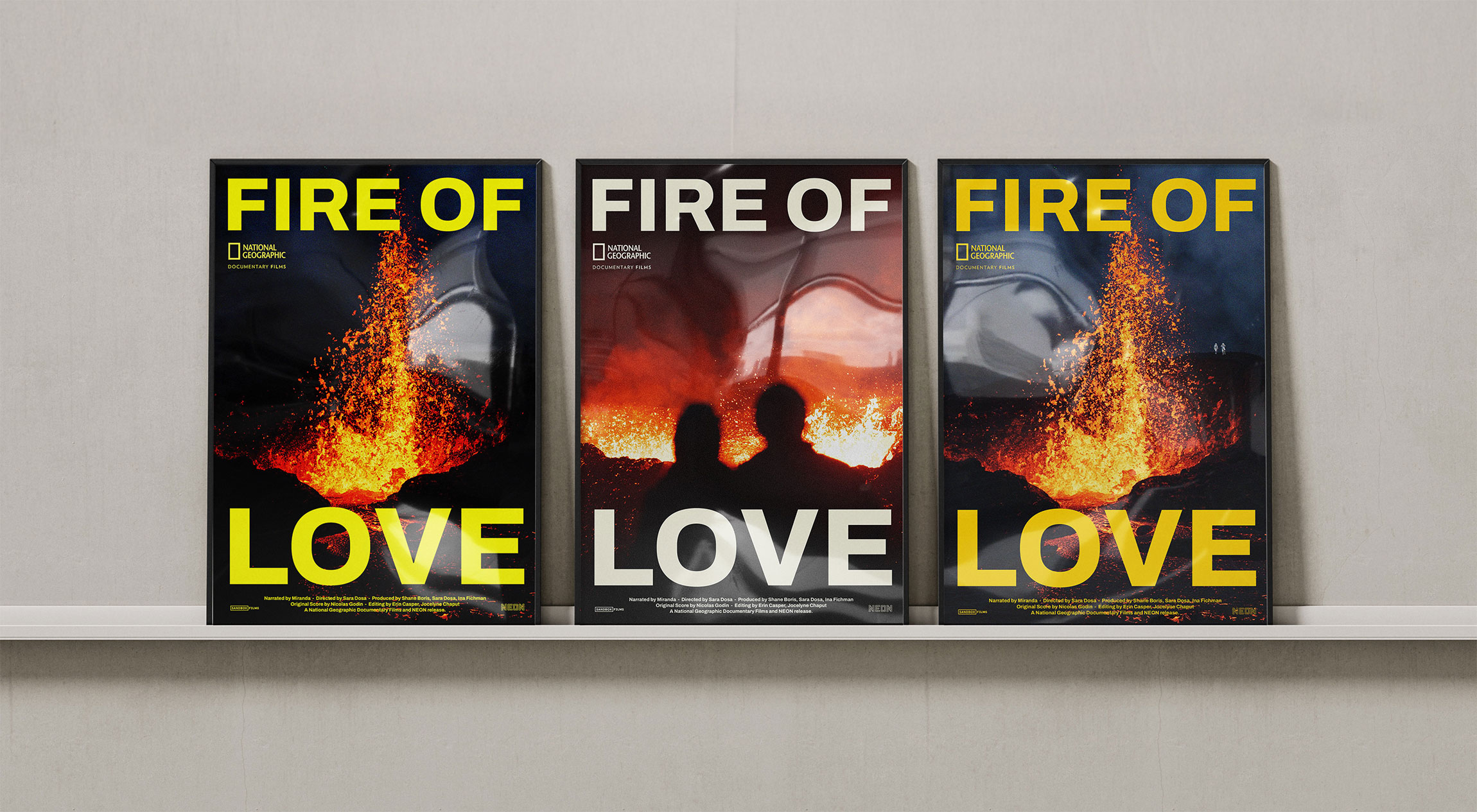 Les 3 propositions d'affiches sur une étagère